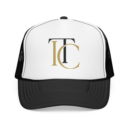 Monogram TC Foam Trucker Hat — Gold & Black Initials Casual Cap