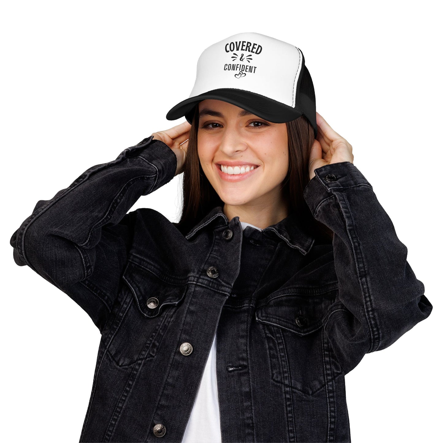 covered & confident foam trucker hat – christian faith mesh cap