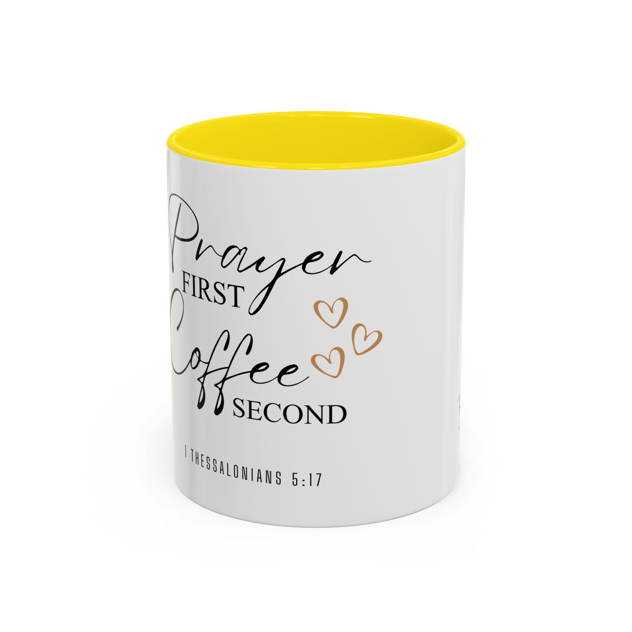 Coffee Mug — "Prayer First, Coffee Second" Christian Accent Mug (Script, Hearts)
