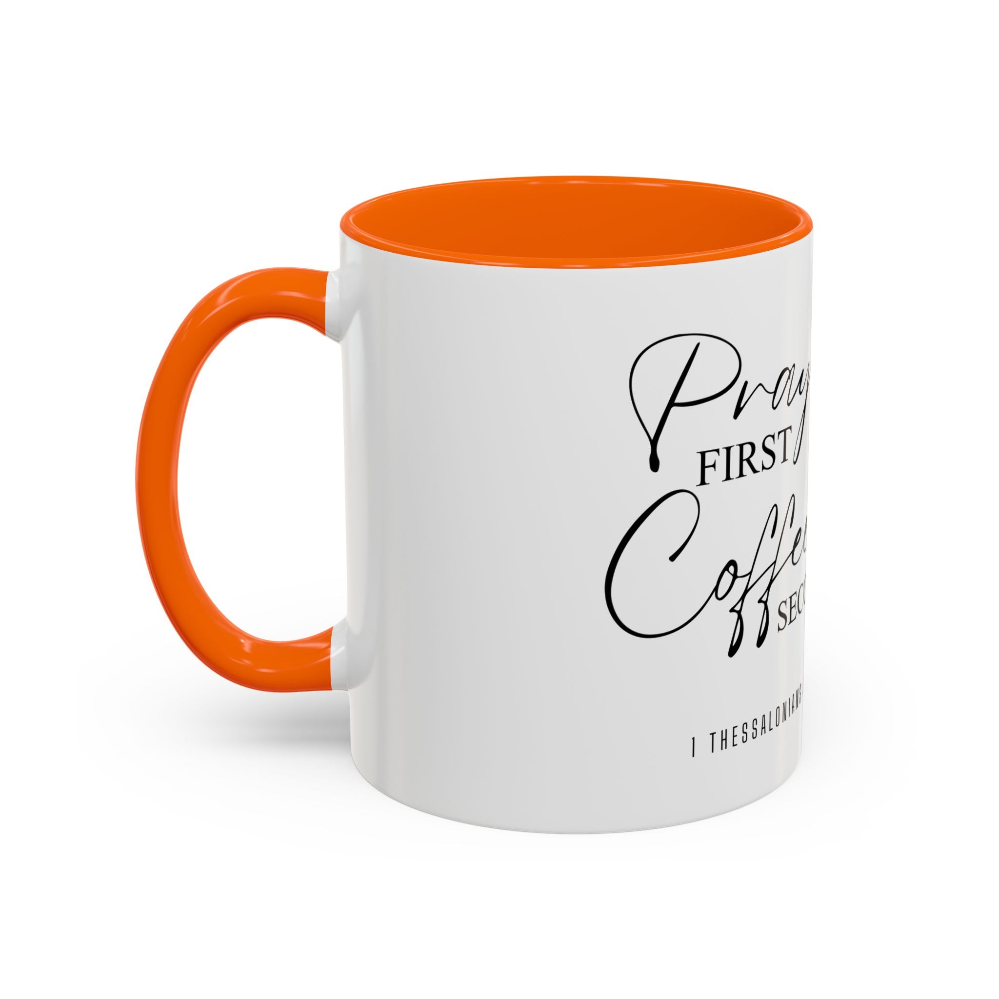 Coffee Mug — "Prayer First, Coffee Second" Christian Accent Mug (Script, Hearts)