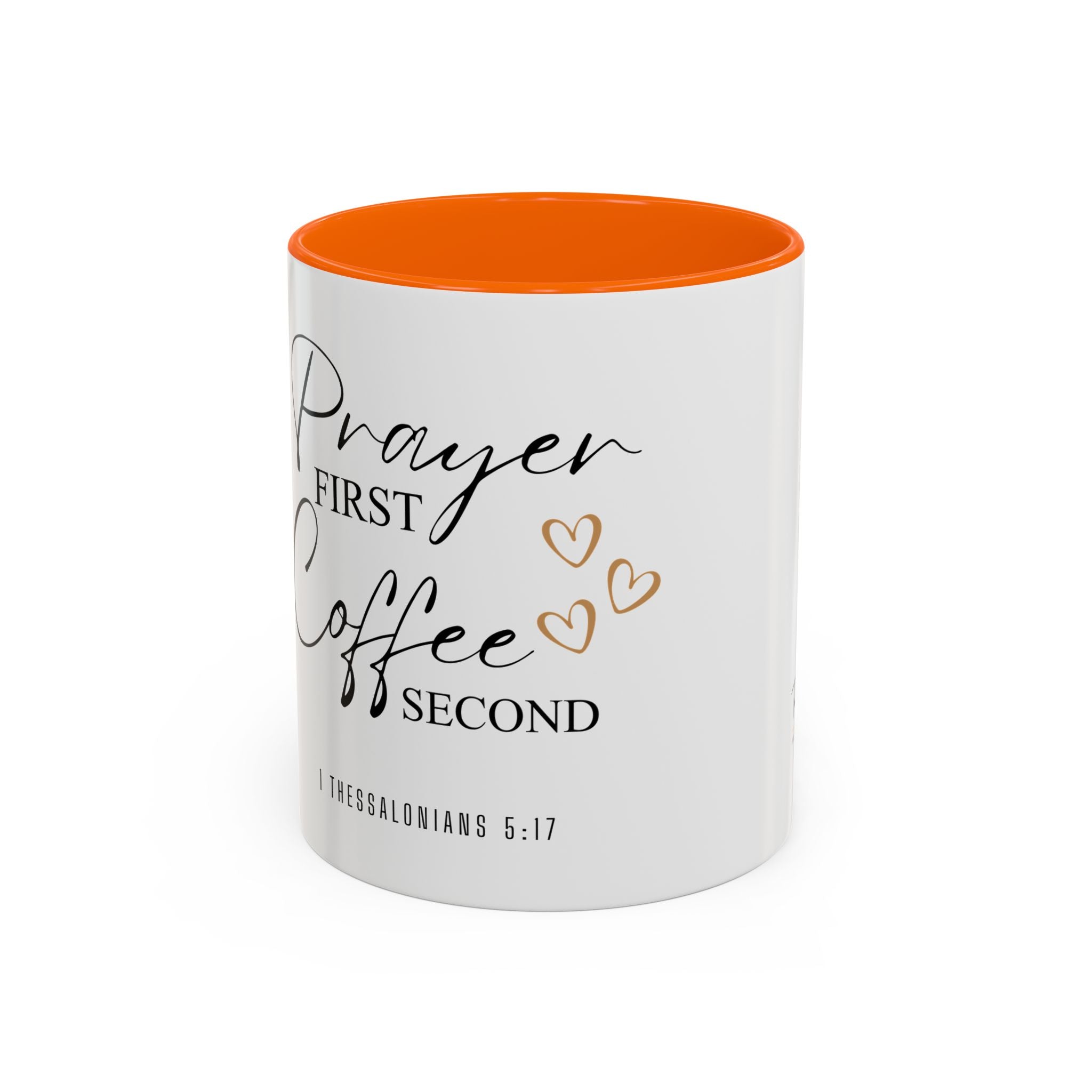 Coffee Mug — "Prayer First, Coffee Second" Christian Accent Mug (Script, Hearts)