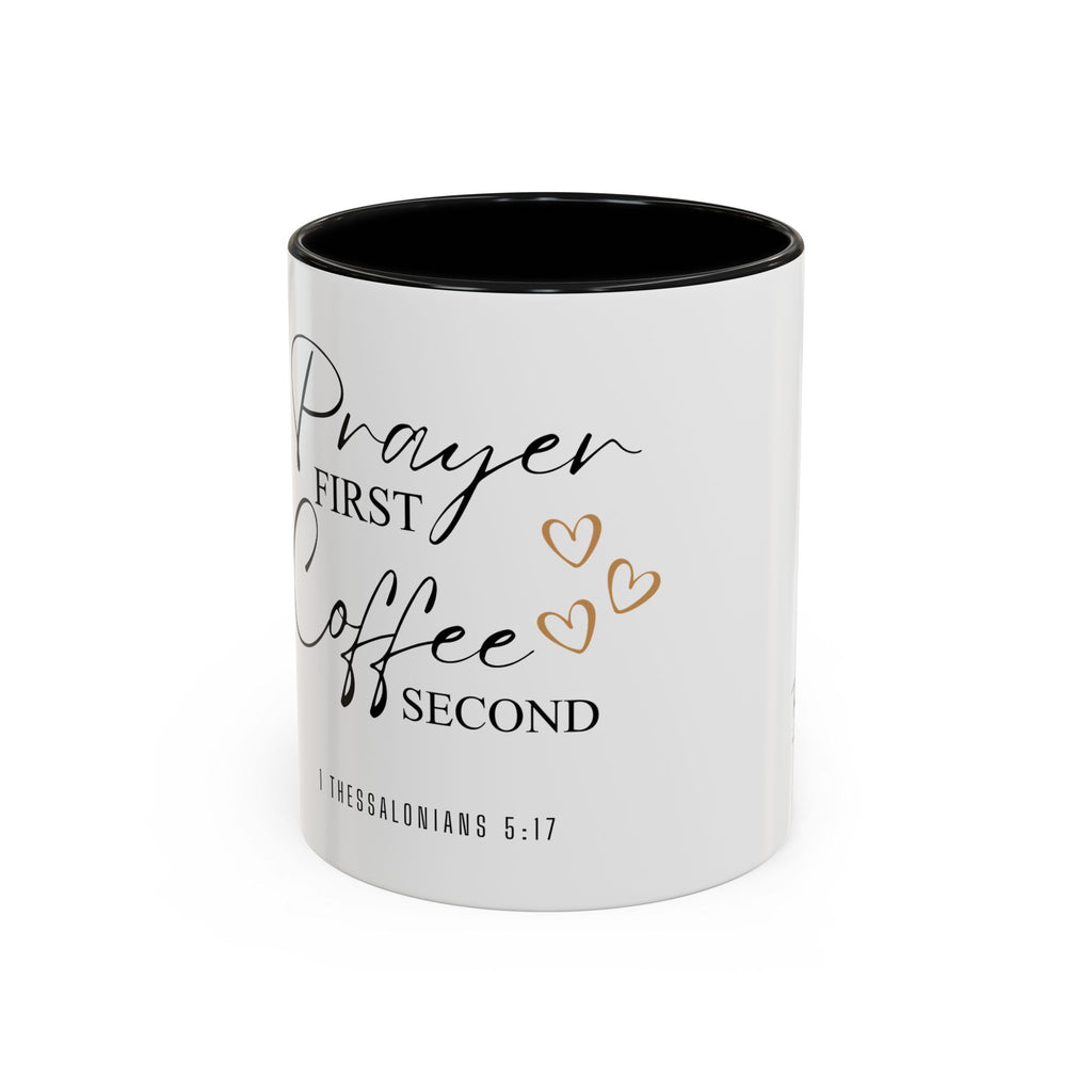Coffee Mug — "Prayer First, Coffee Second" Christian Accent Mug (Script, Hearts)