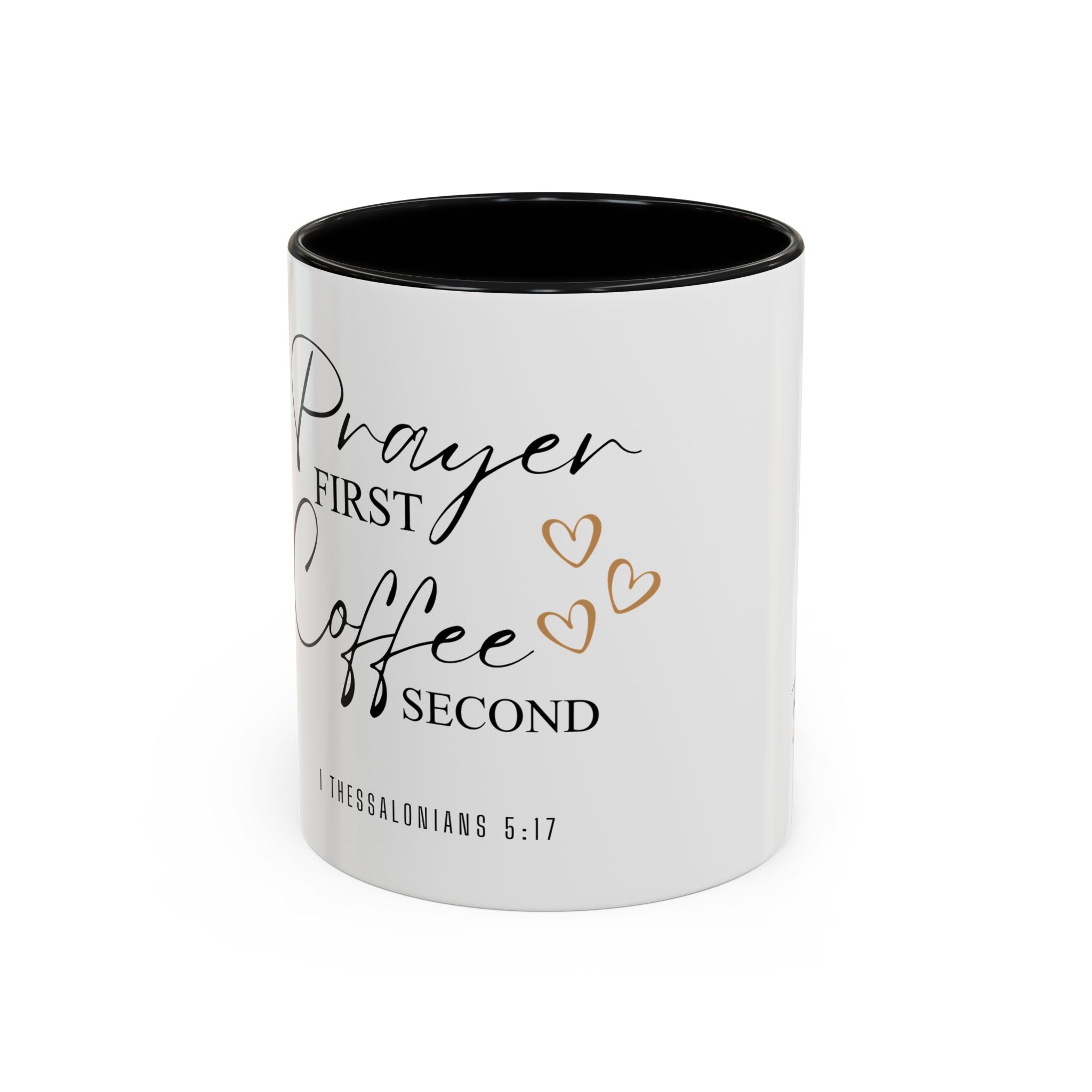 Coffee Mug — "Prayer First, Coffee Second" Christian Accent Mug (Script, Hearts)