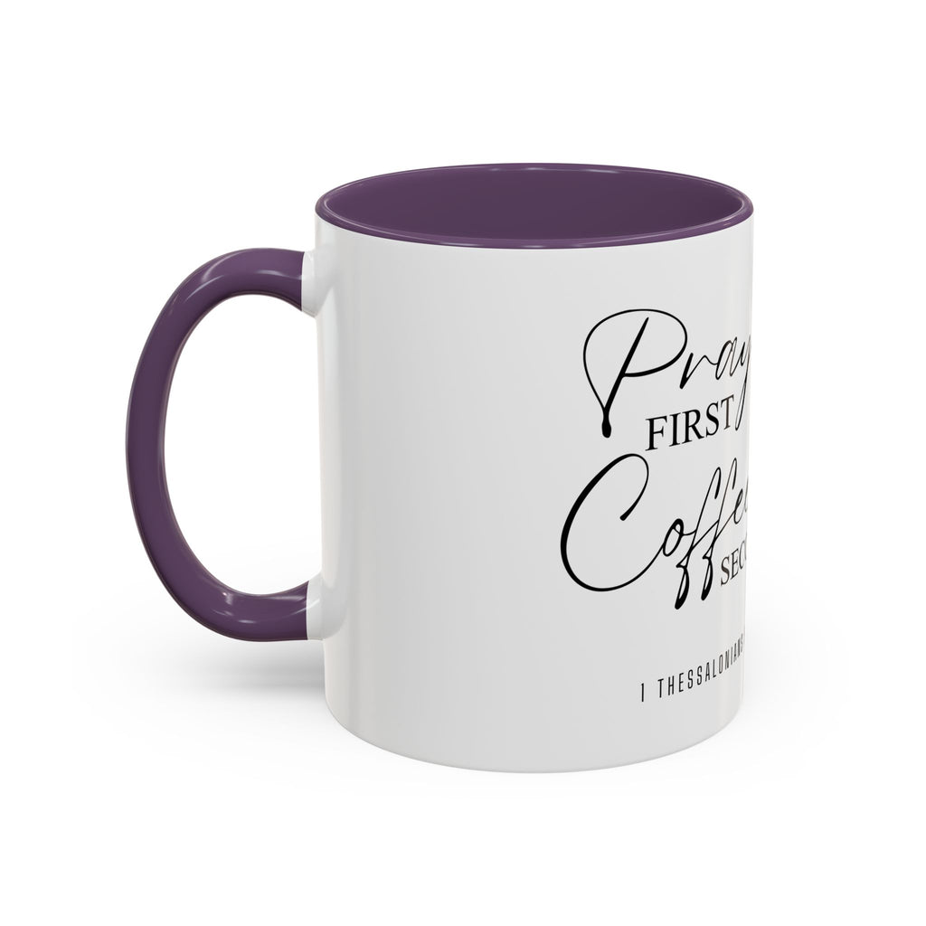 Coffee Mug — "Prayer First, Coffee Second" Christian Accent Mug (Script, Hearts)