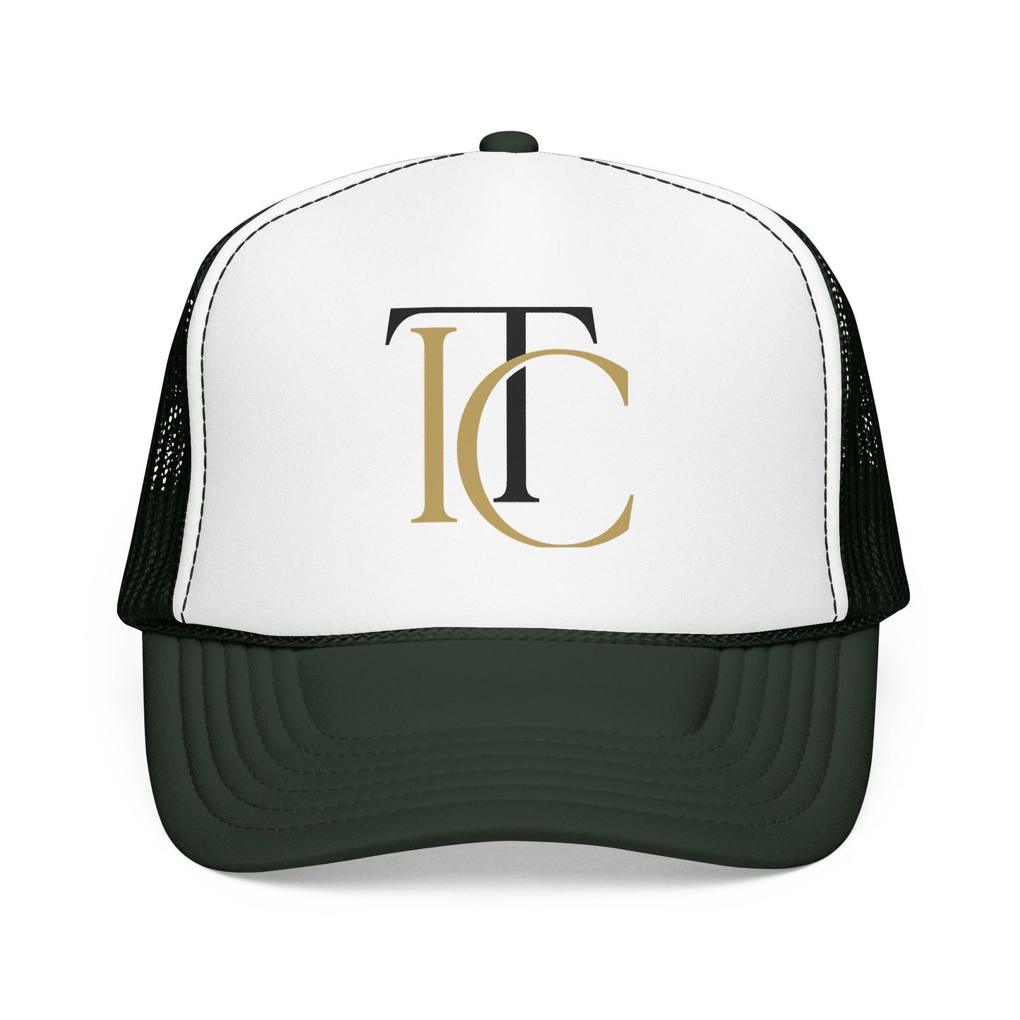 monogram tc foam trucker hat — gold & black initials casual cap