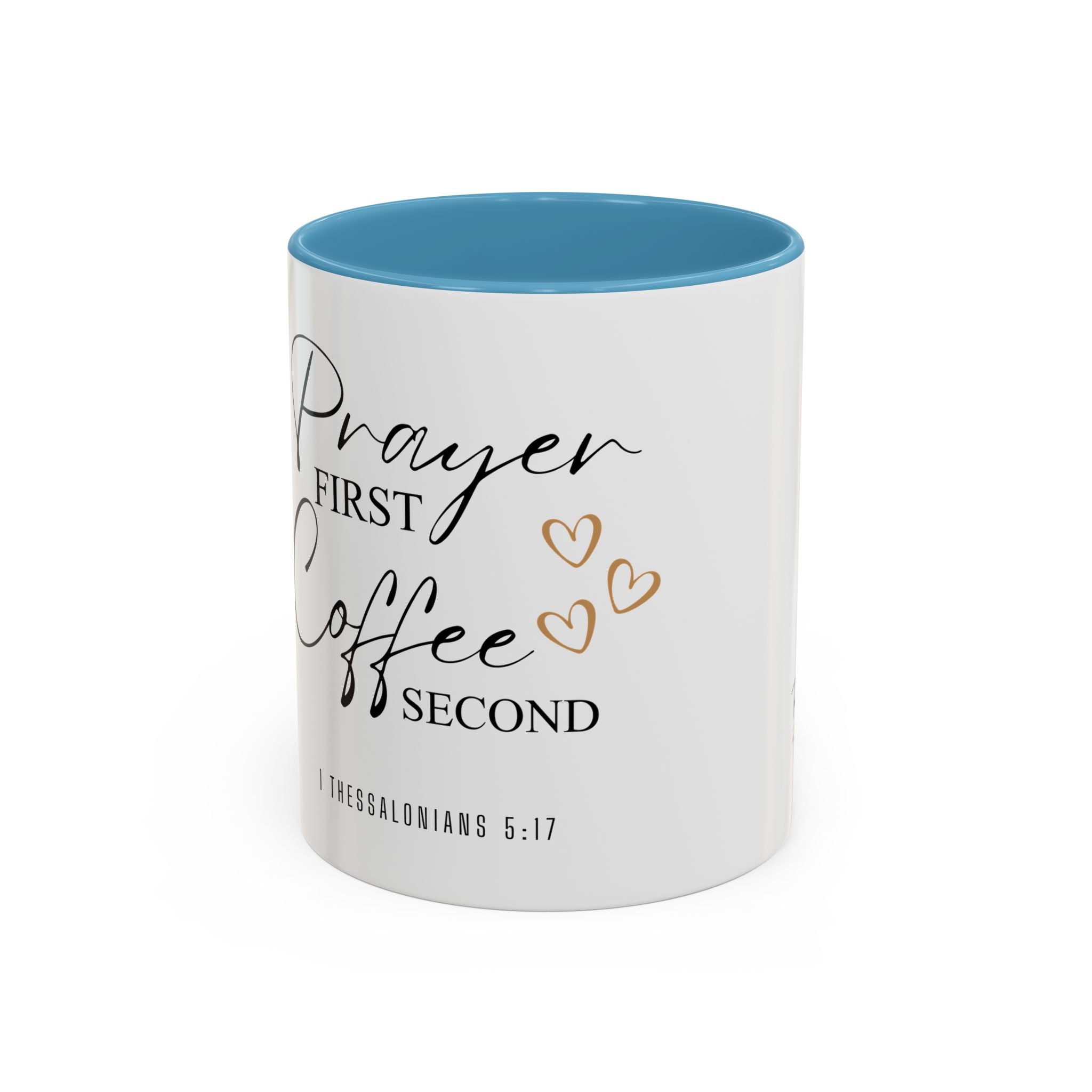 Coffee Mug — "Prayer First, Coffee Second" Christian Accent Mug (Script, Hearts)