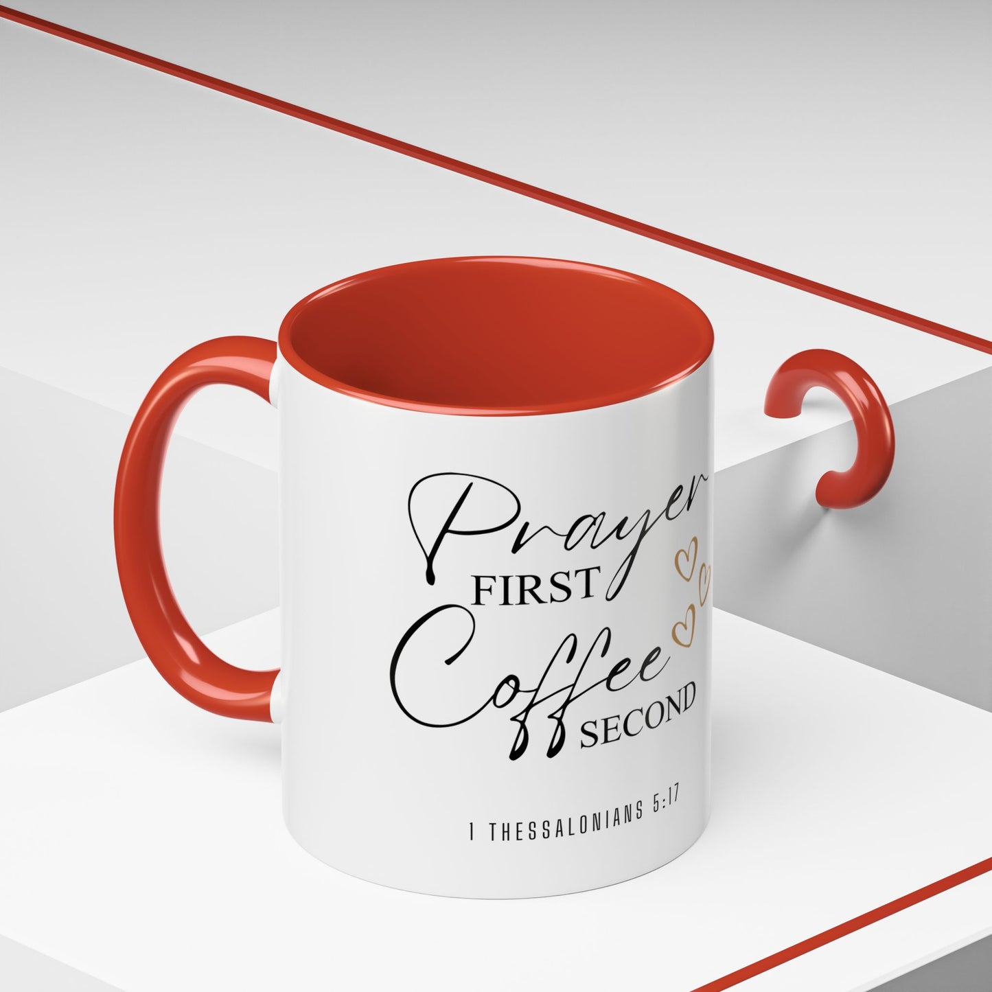 coffee mug — "prayer first, coffee second" christian accent mug (script, hearts)
