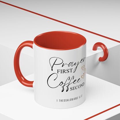 Coffee Mug — "Prayer First, Coffee Second" Christian Accent Mug (Script, Hearts)