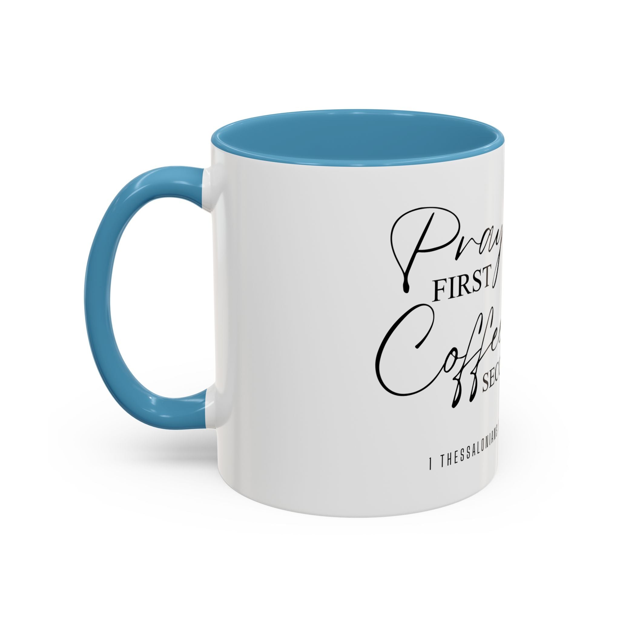 Coffee Mug — "Prayer First, Coffee Second" Christian Accent Mug (Script, Hearts)