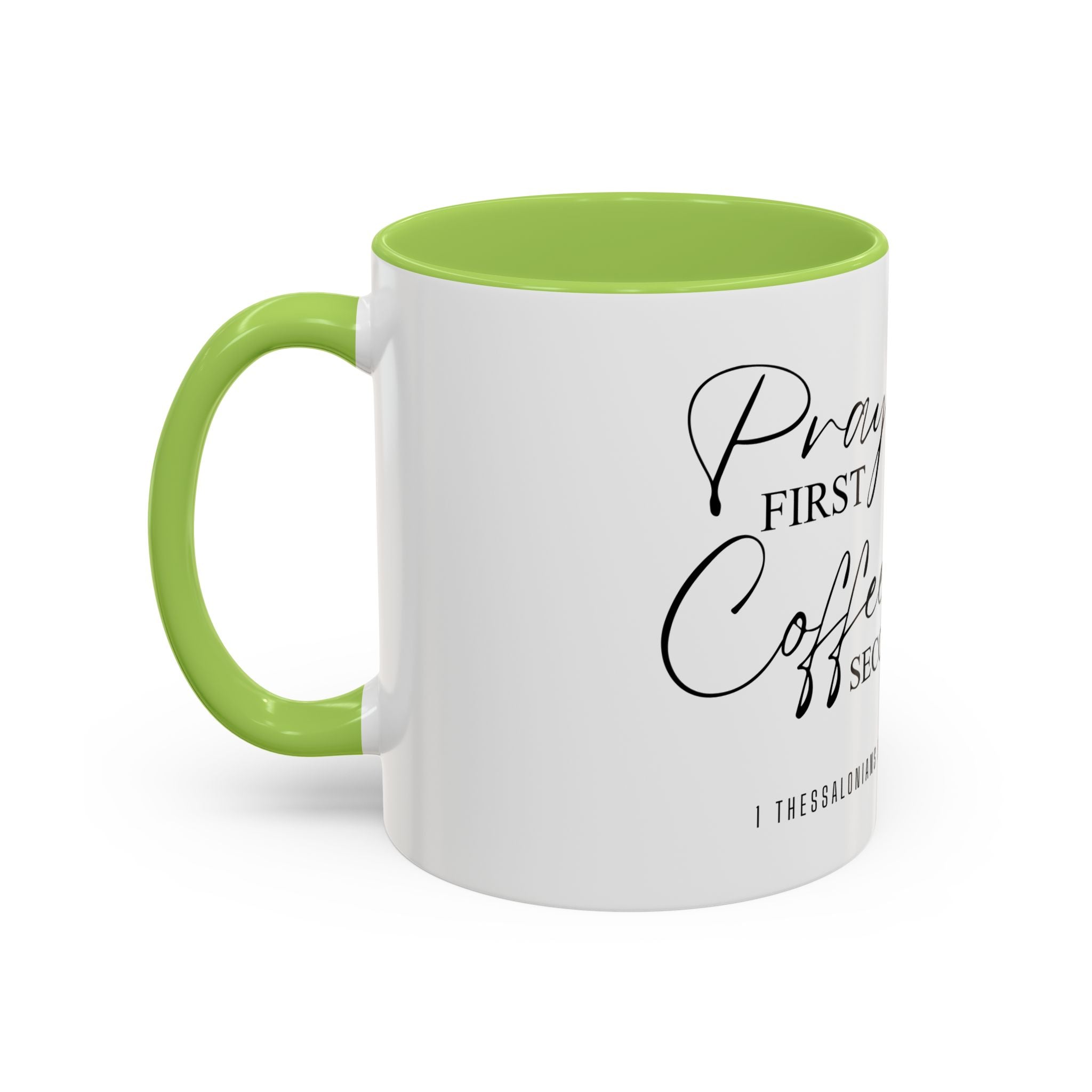 Coffee Mug — "Prayer First, Coffee Second" Christian Accent Mug (Script, Hearts)