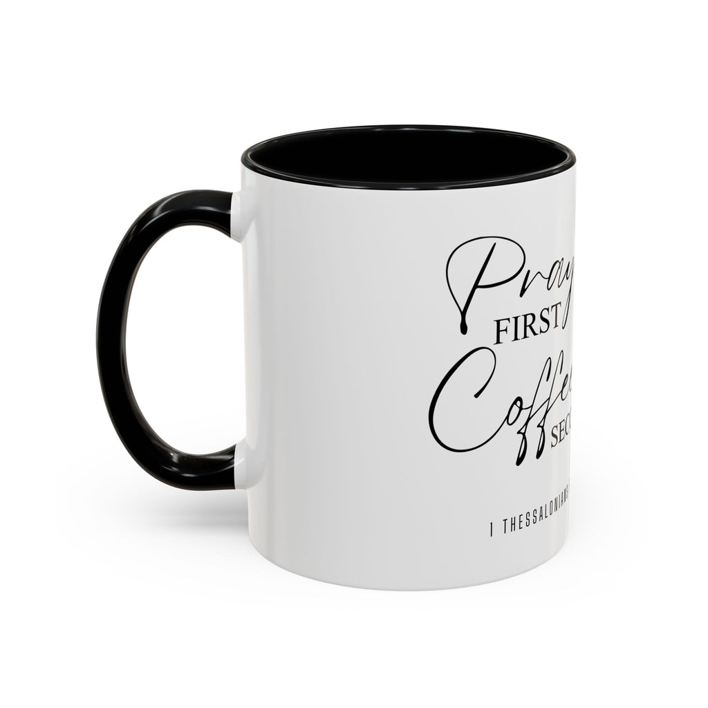 Coffee Mug — "Prayer First, Coffee Second" Christian Accent Mug (Script, Hearts)