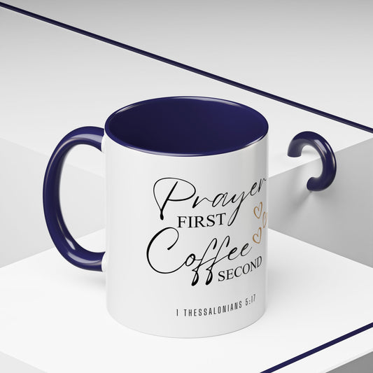 Coffee Mug — "Prayer First, Coffee Second" Christian Accent Mug (Script, Hearts)