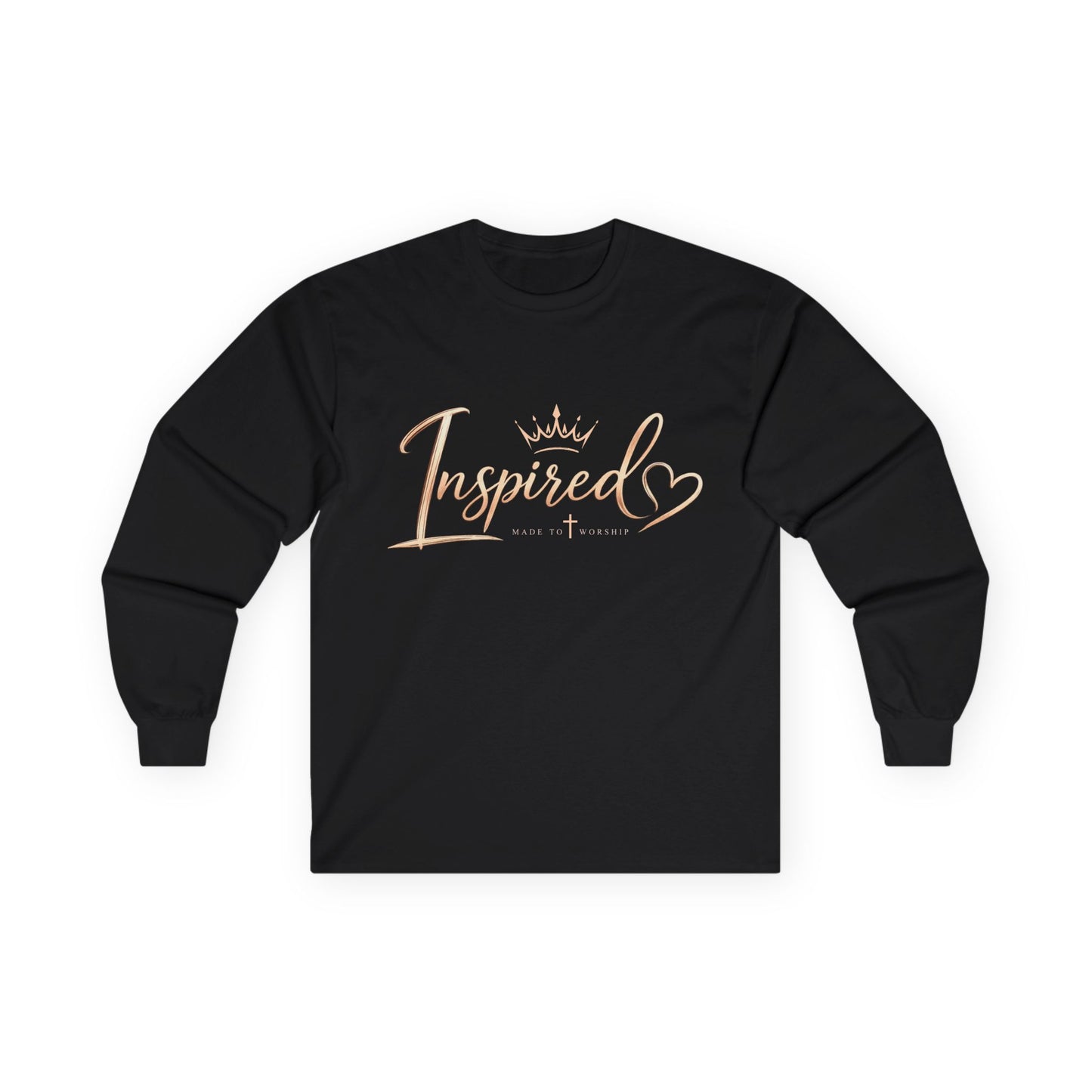 inspired crown long sleeve tee — "inspired" script shirt with heart accent