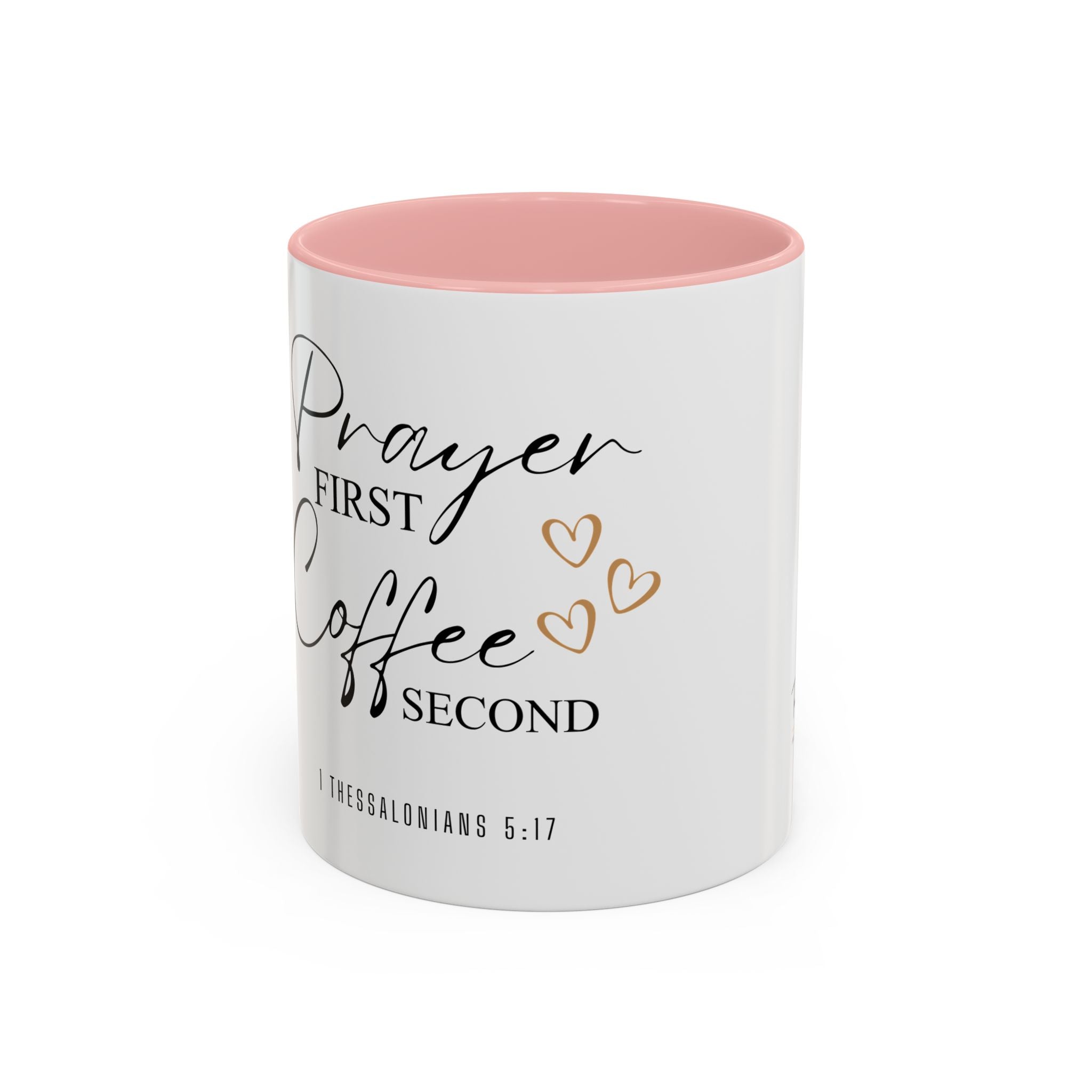 Coffee Mug — "Prayer First, Coffee Second" Christian Accent Mug (Script, Hearts)