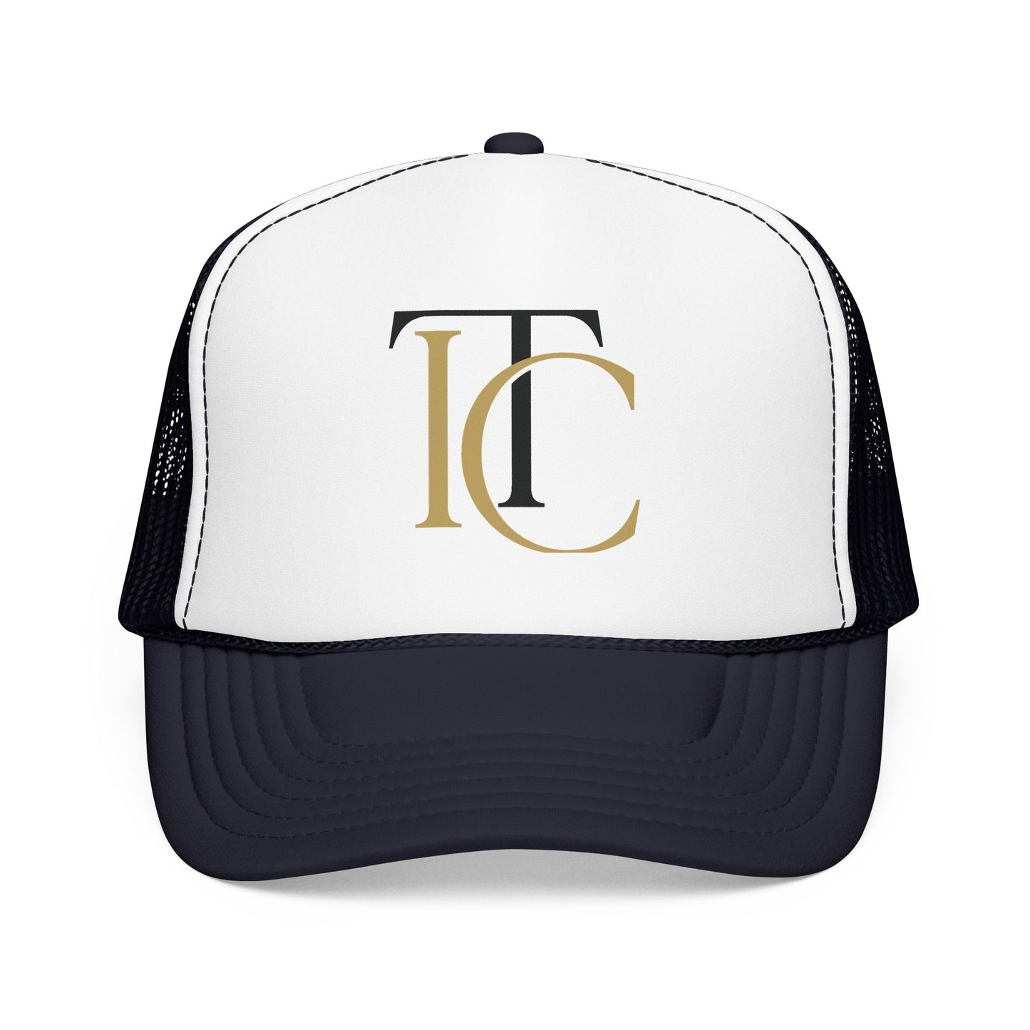 monogram tc foam trucker hat — gold & black initials casual cap