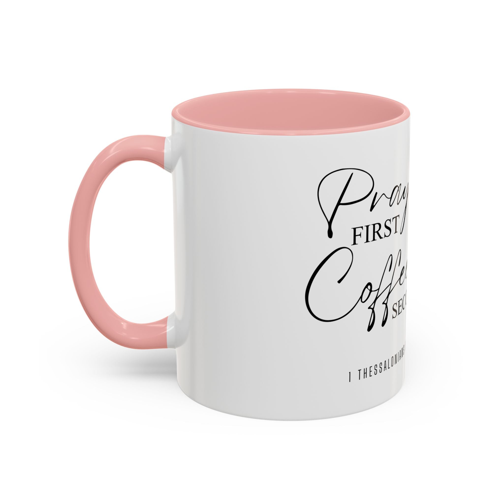 Coffee Mug — "Prayer First, Coffee Second" Christian Accent Mug (Script, Hearts)