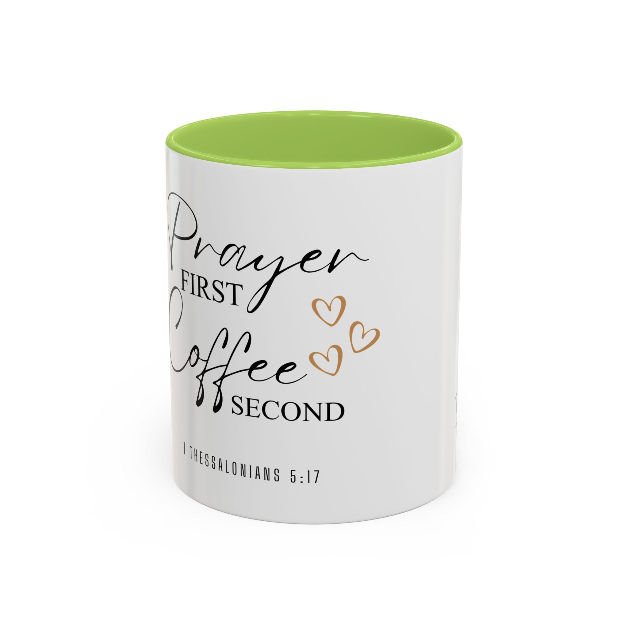 Coffee Mug — "Prayer First, Coffee Second" Christian Accent Mug (Script, Hearts)