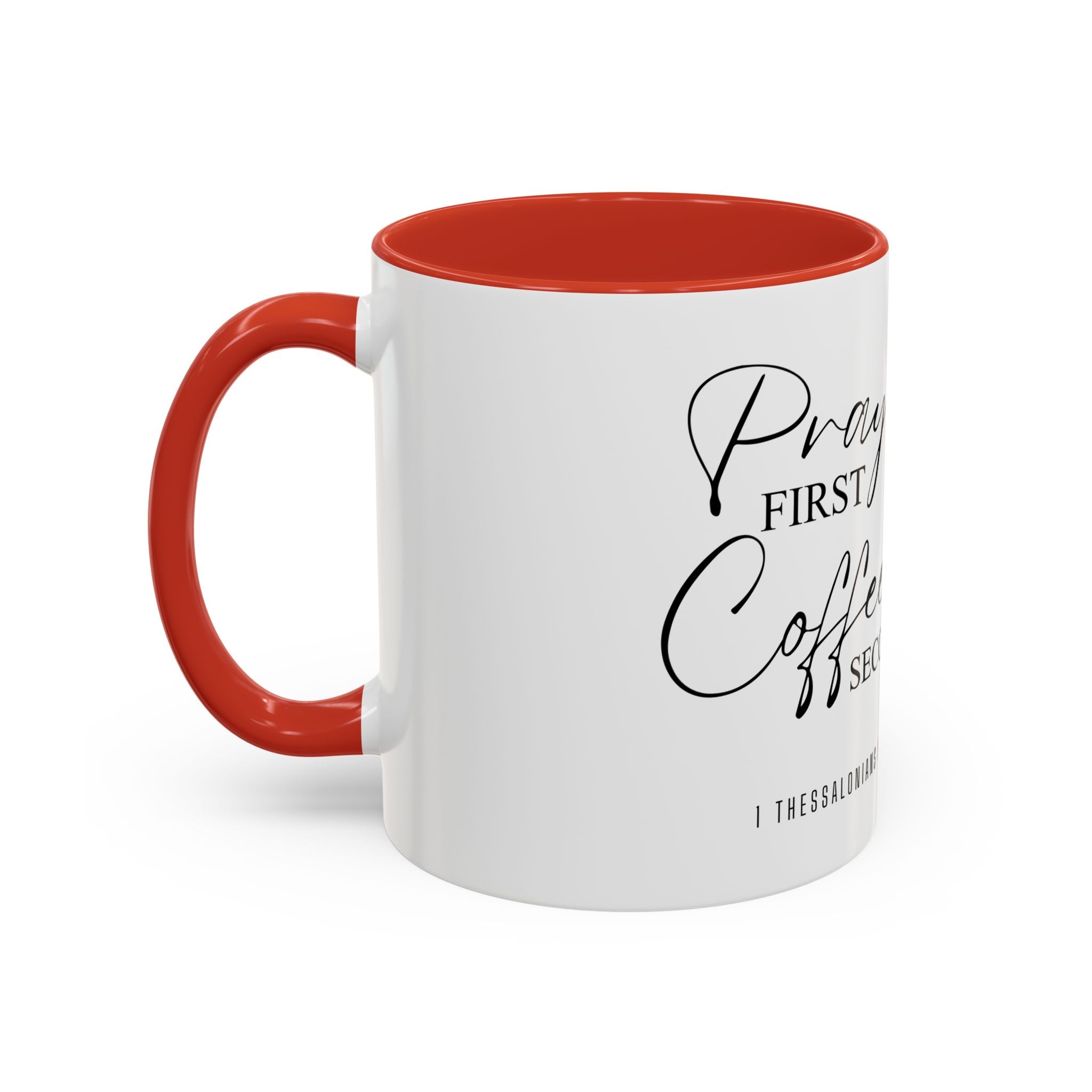 Coffee Mug — "Prayer First, Coffee Second" Christian Accent Mug (Script, Hearts)