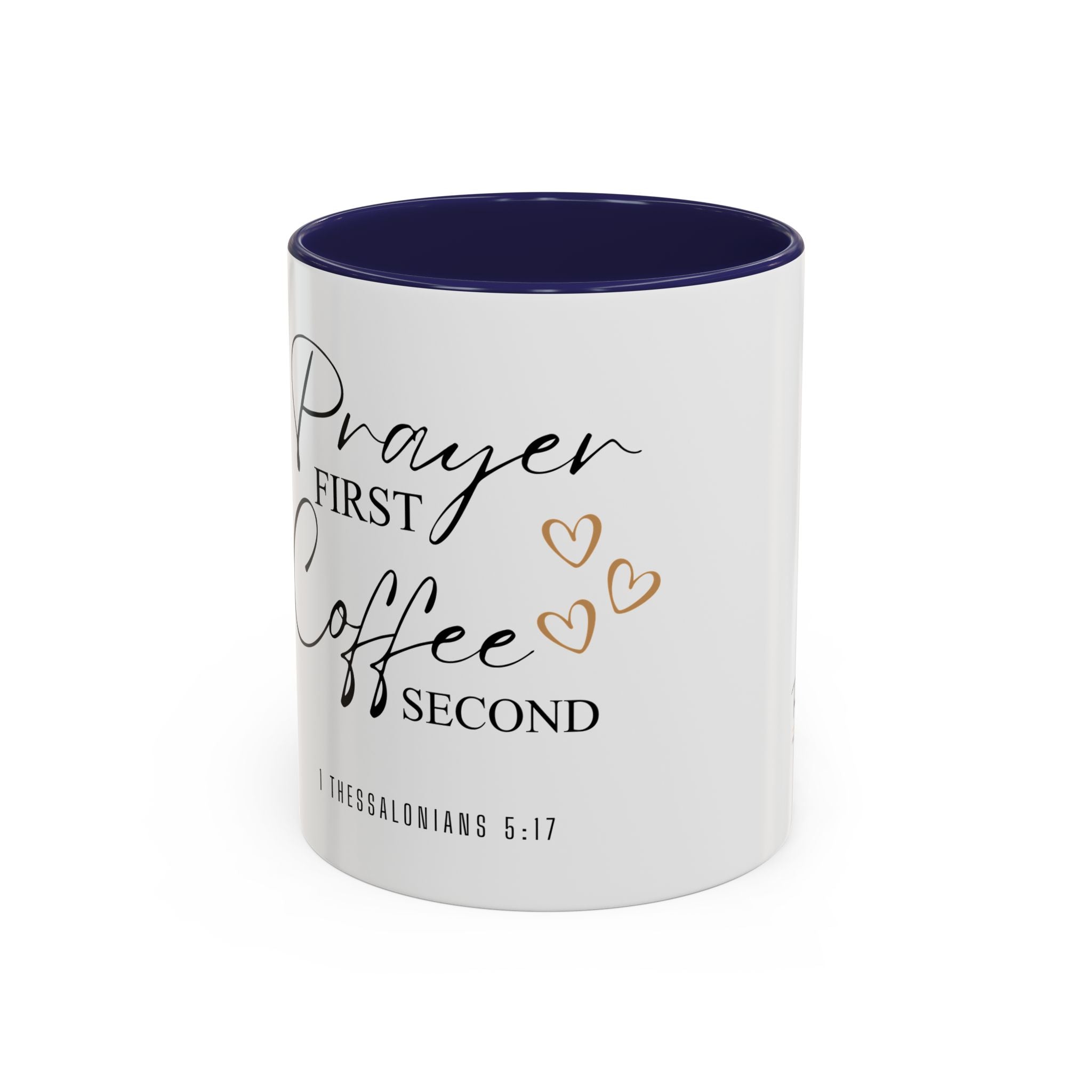 Coffee Mug — "Prayer First, Coffee Second" Christian Accent Mug (Script, Hearts)