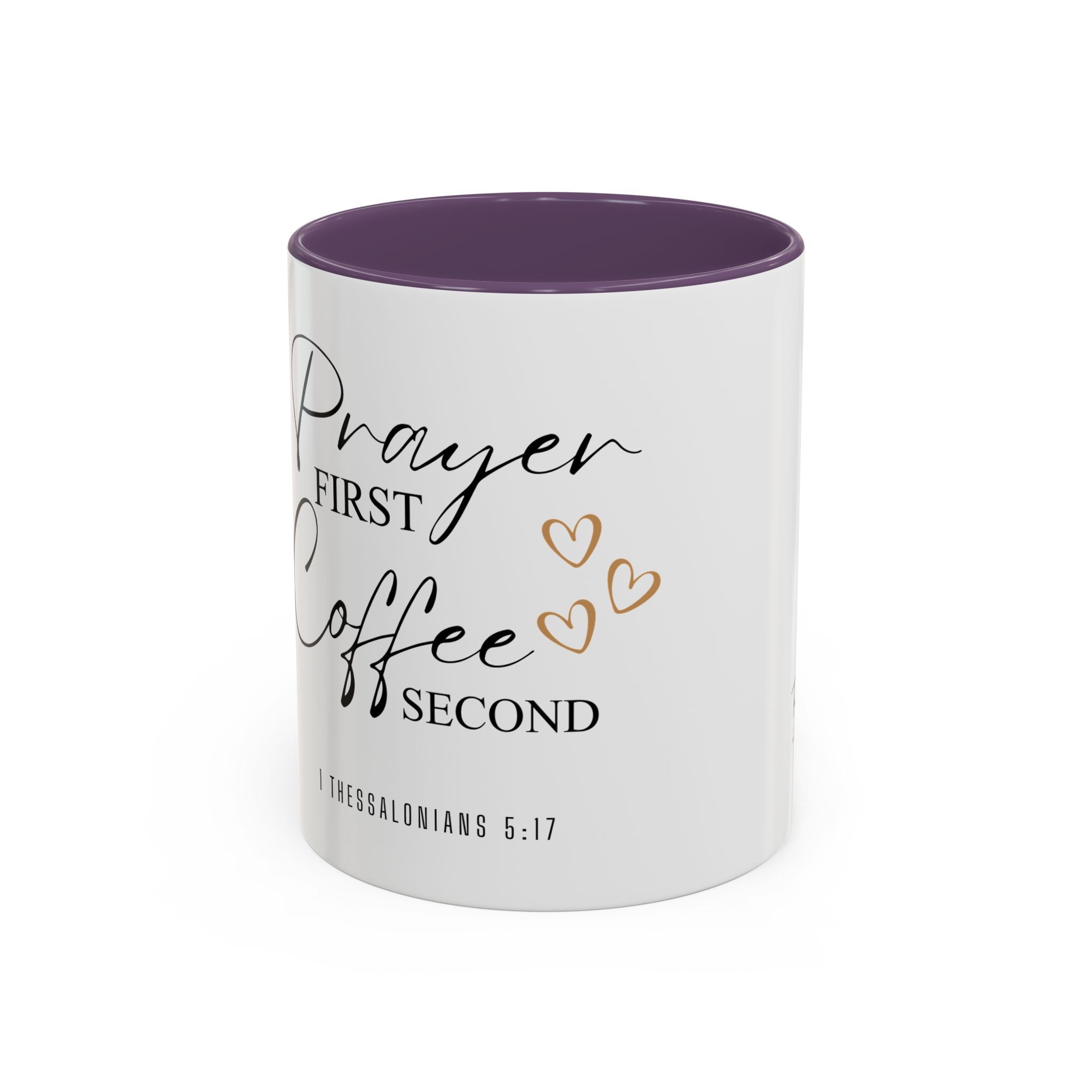 Coffee Mug — "Prayer First, Coffee Second" Christian Accent Mug (Script, Hearts)