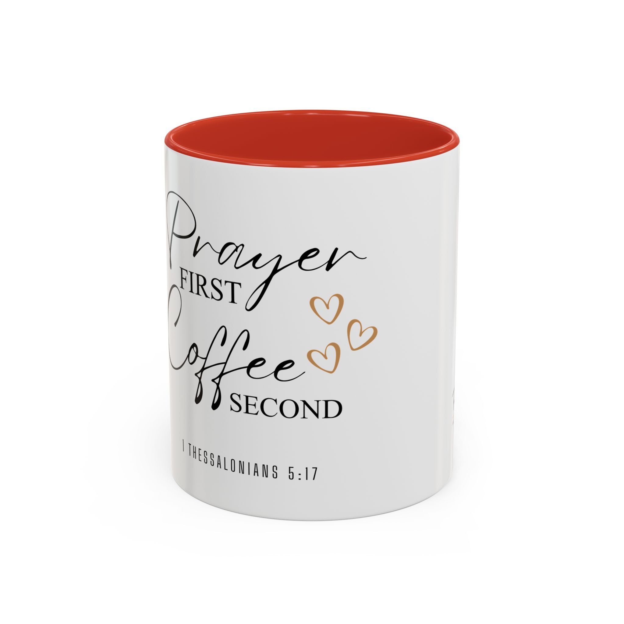 Coffee Mug — "Prayer First, Coffee Second" Christian Accent Mug (Script, Hearts)