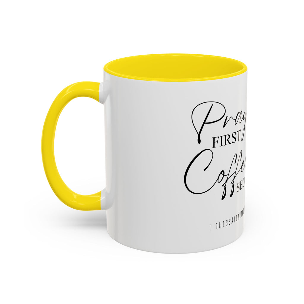 Coffee Mug — "Prayer First, Coffee Second" Christian Accent Mug (Script, Hearts)
