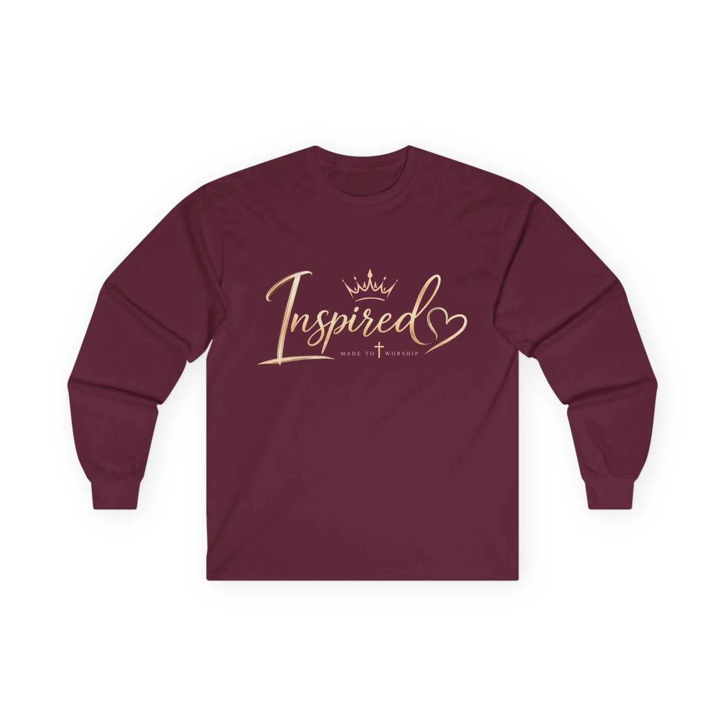 inspired crown long sleeve tee — "inspired" script shirt with heart accent