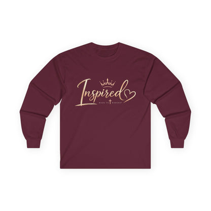 Inspired Crown Long Sleeve Tee — "Inspired" Script Shirt with Heart Accent